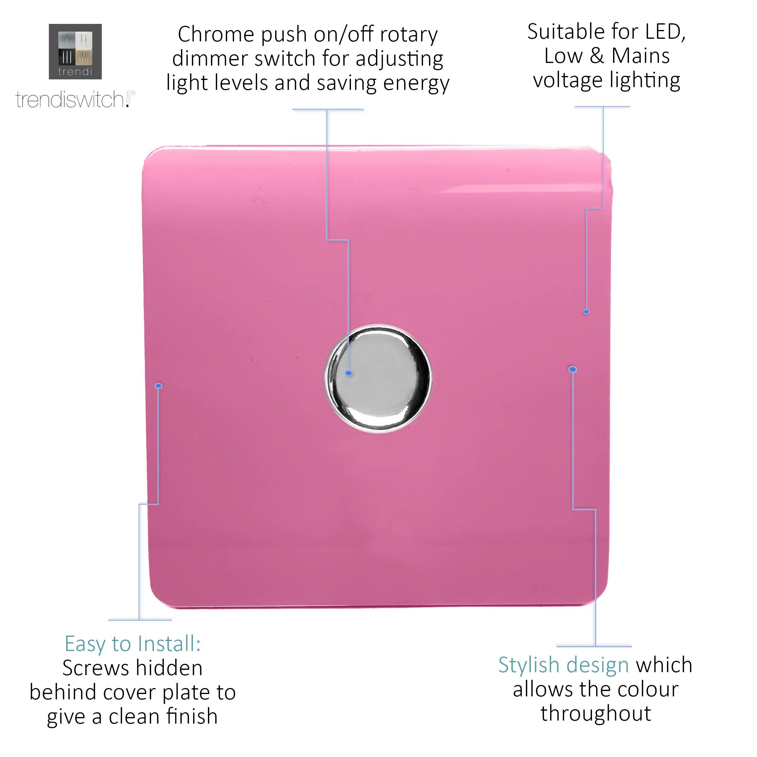 1 Gang 1 Way LED Dimmer Switch Pink ART-LDMPK  Trendi Pink